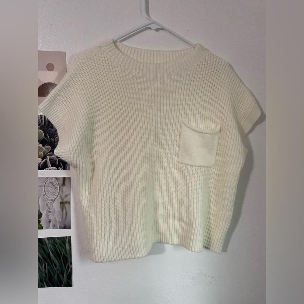 Cream Ribbed Short Sleeve Sweater with Chest Pocket